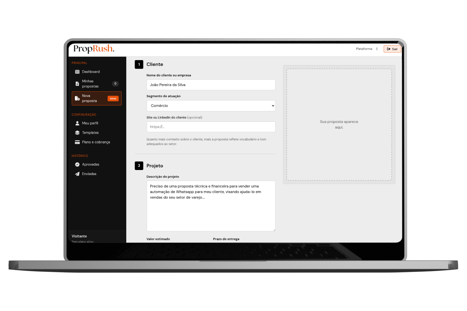 Tela da PropRush: formulário de nova proposta com dados do cliente e do projeto, e área de pré-visualização do documento.